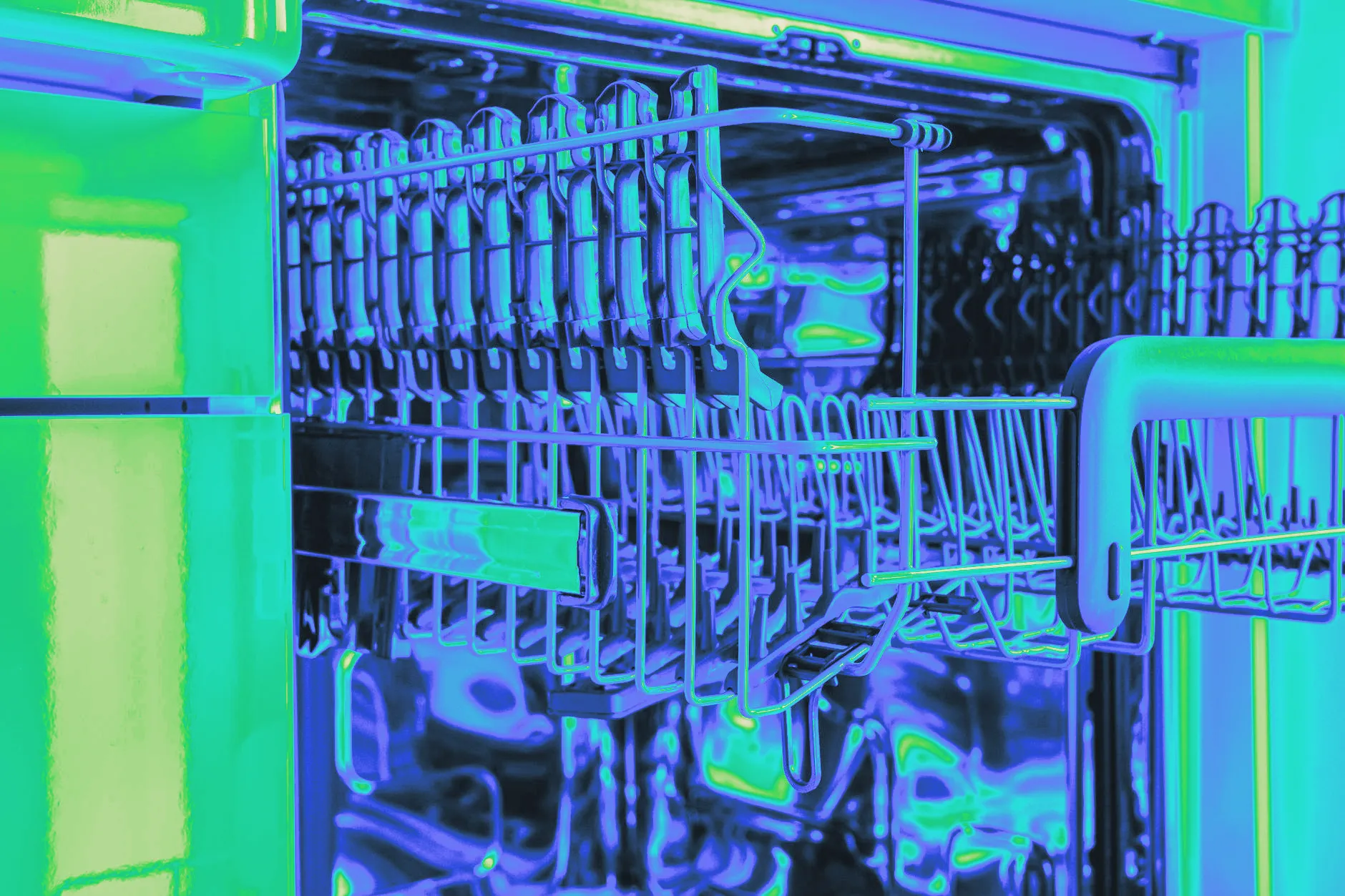 Empty dishwasher racks shown close up