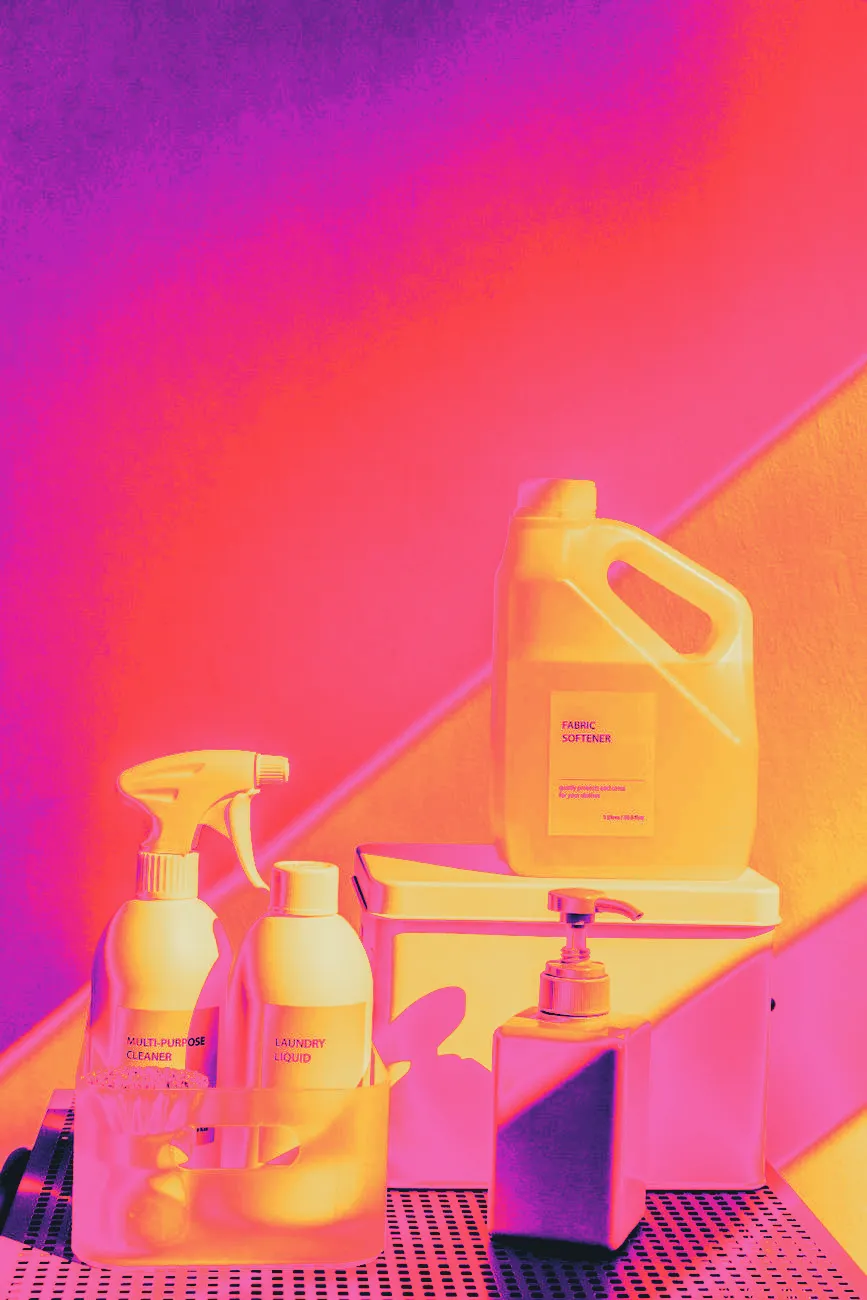 A white jug labeled Fabric Softener on a shelf beside other generic cleaning bottles