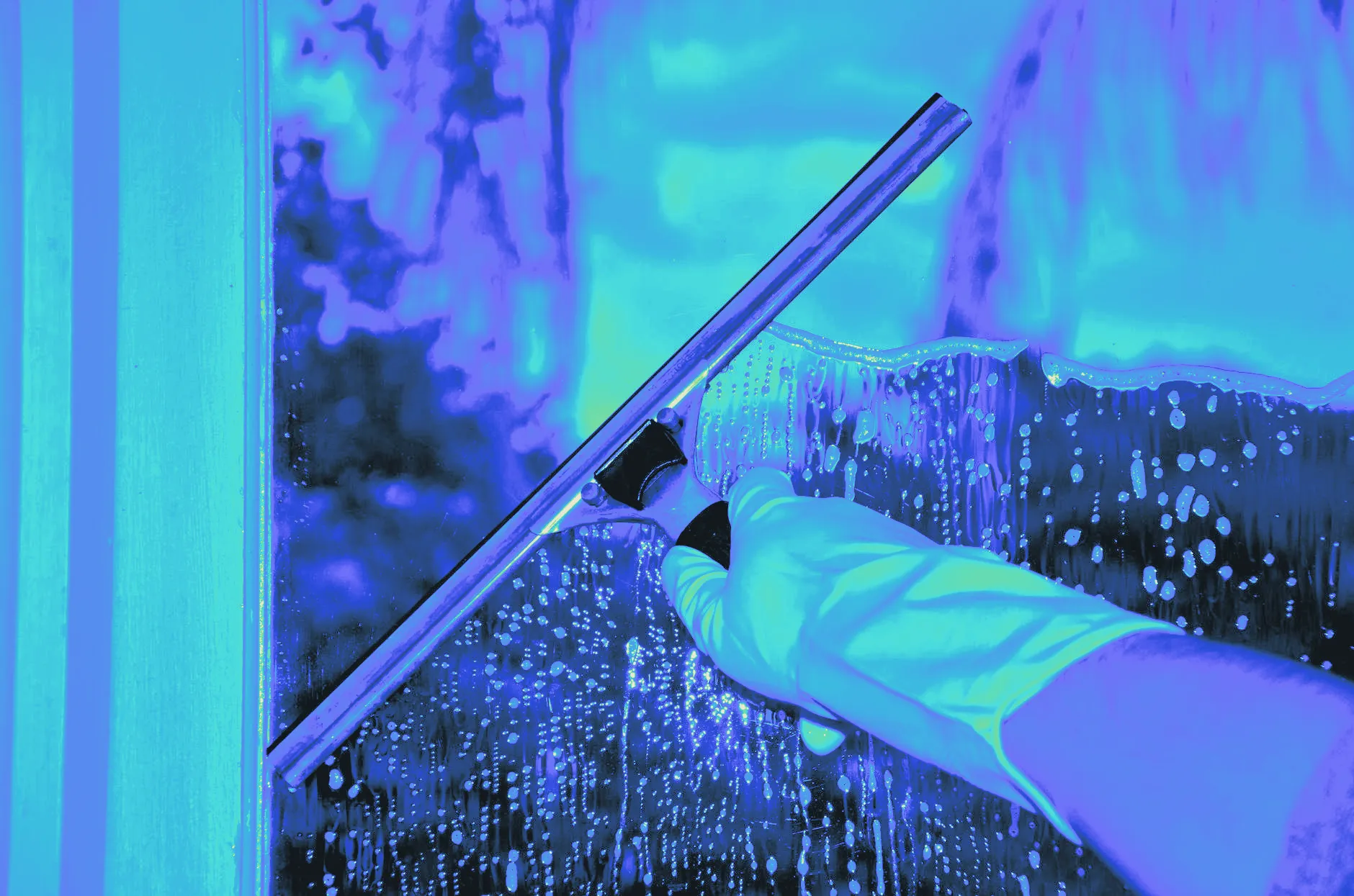 A cloth cleaning a window pane with streaks of light