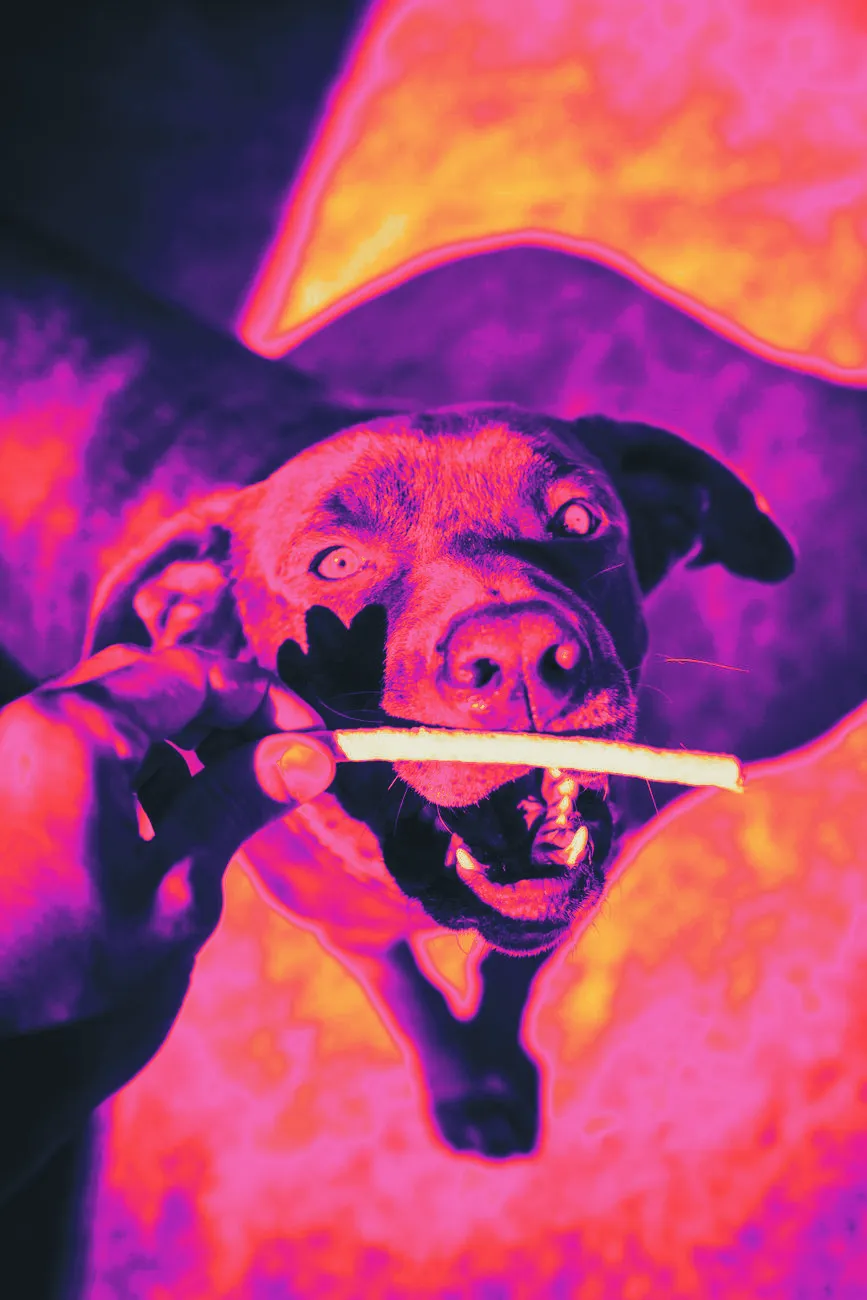 A hand offering a treat to a dog, close up