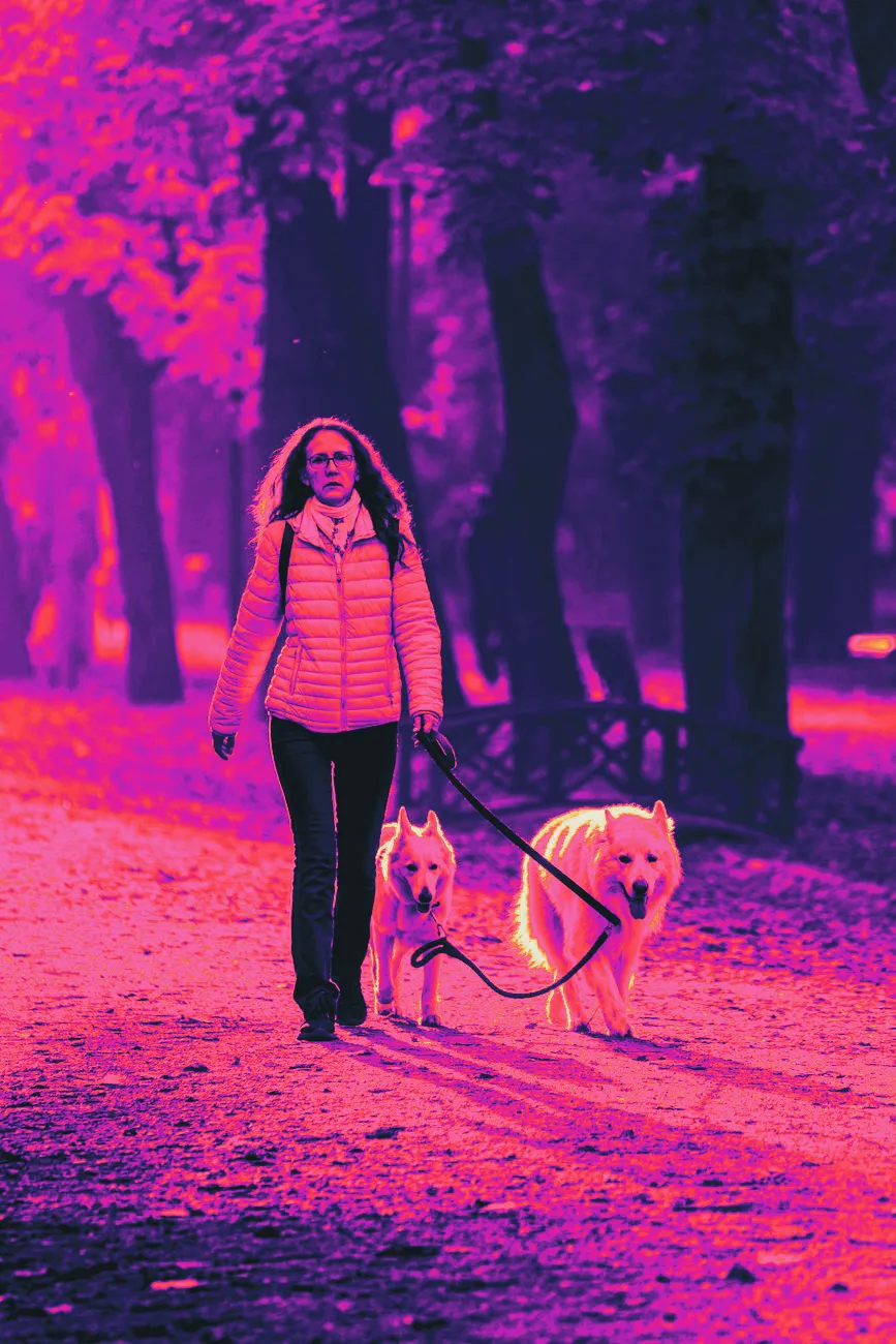 A dog on a leash being walked in a park in the morning