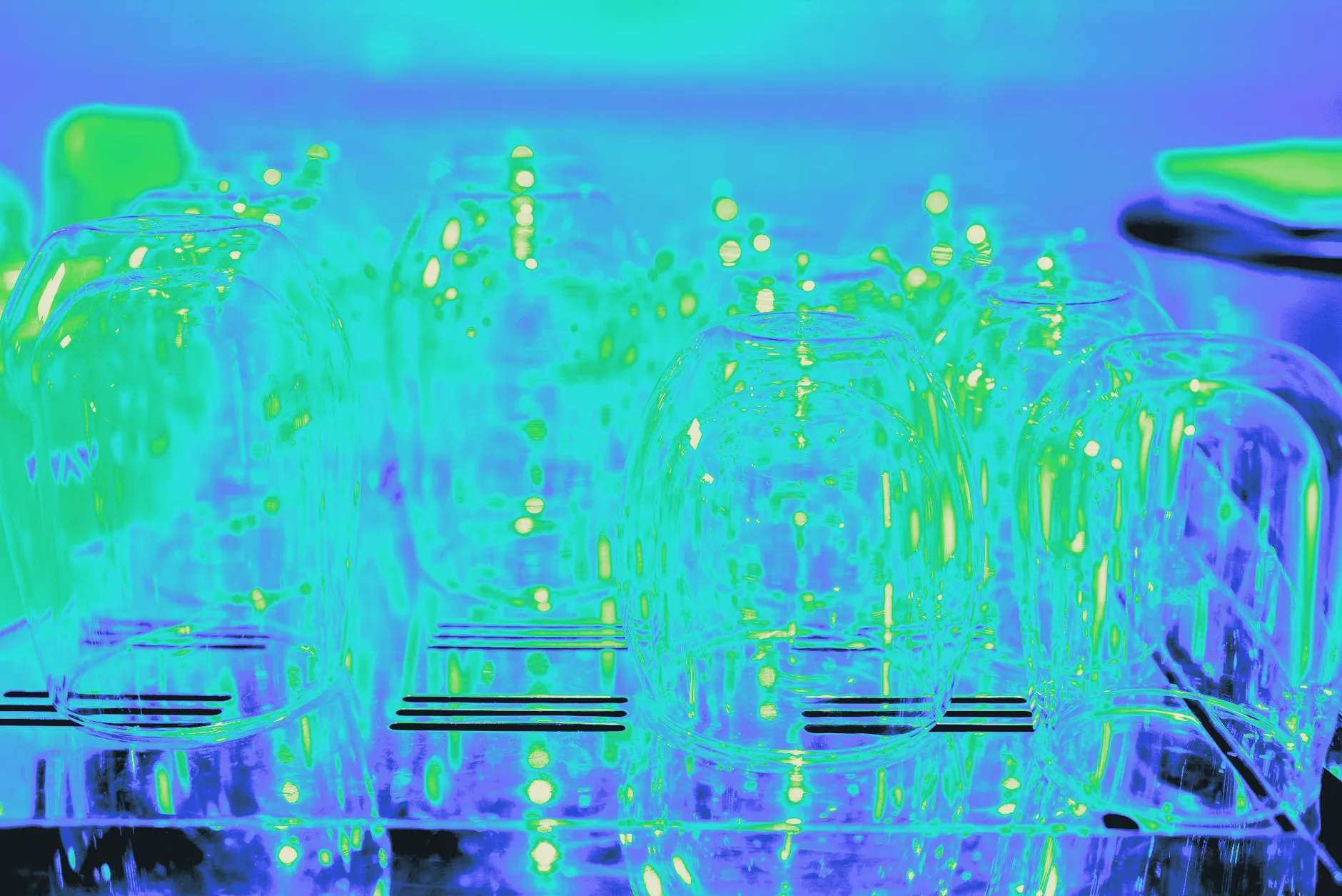Clean glasses in a dishwasher rack catching light