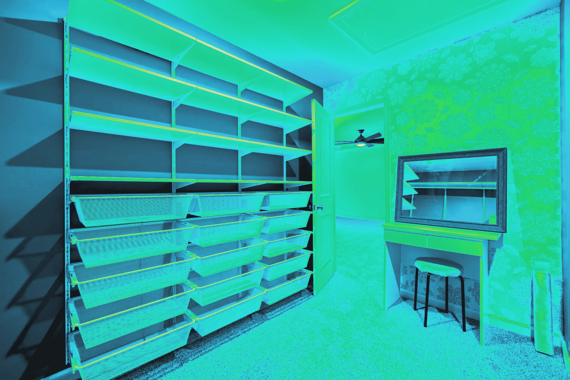 Clear storage bins organized in a home closet